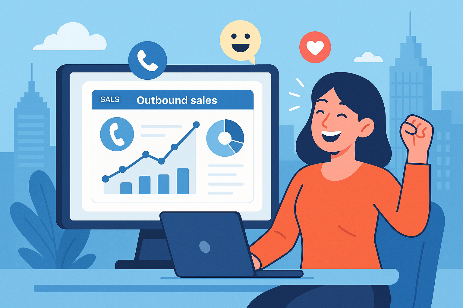 Illustration of digital interface with analytics in a connected city skyline setting, with a happy mood.