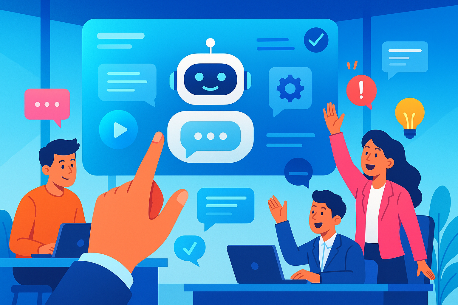 Illustration of hand interacting with virtual screen in a corporate meeting environment setting, with a inspired mood.