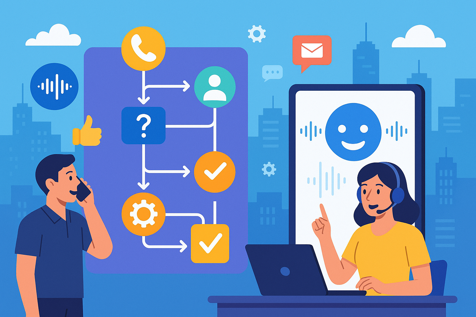 Illustration of call flow diagram in a connected city skyline setting, with a inspired mood.