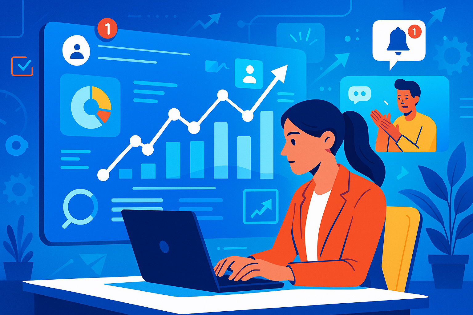 Illustration of digital interface with analytics in a high-tech workspace setting, with a focused mood.