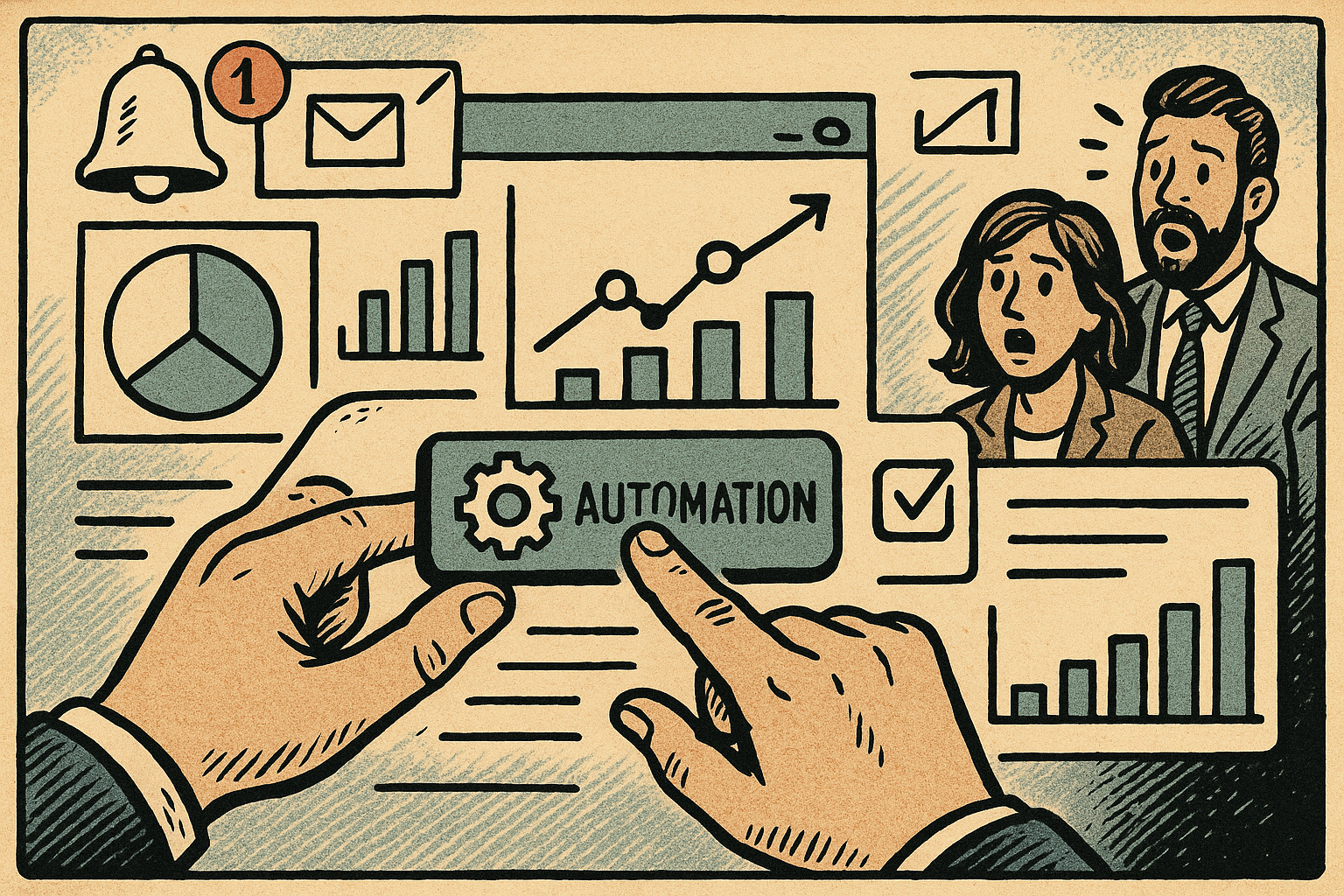 Illustration of hand interacting with virtual screen in a data dashboard interface setting, with a determined mood.