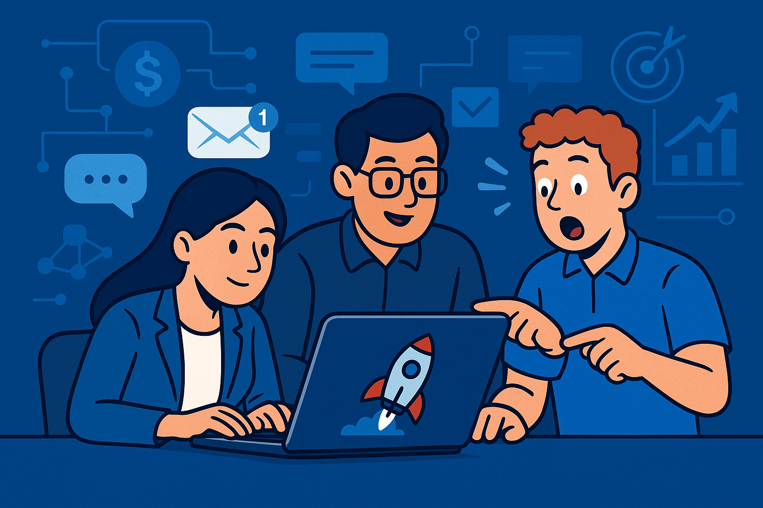 Illustration of team collaborating on laptop in a high-tech workspace setting, with a determined mood.