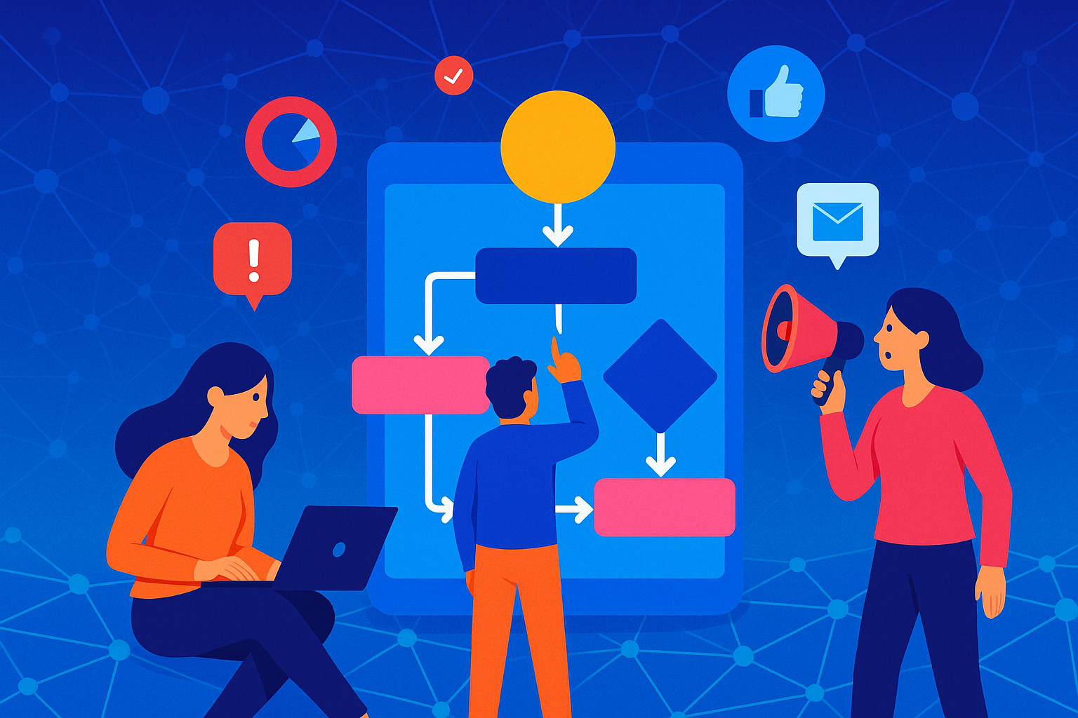 Illustration of call flow diagram in a abstract ai network pattern setting, with a focused mood.