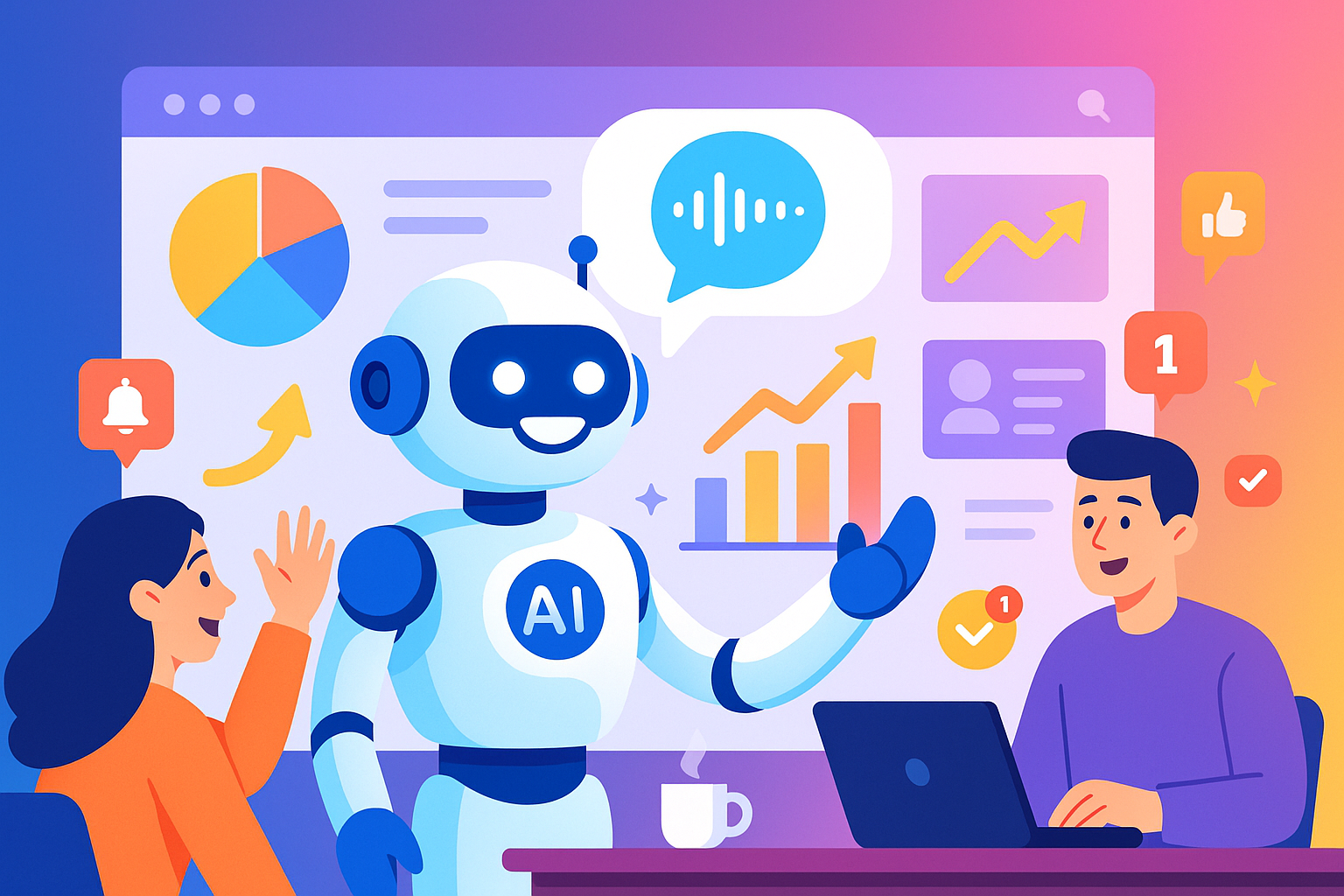 Illustration of ai robot speaking iconography in a data dashboard interface setting, with a inspired mood.