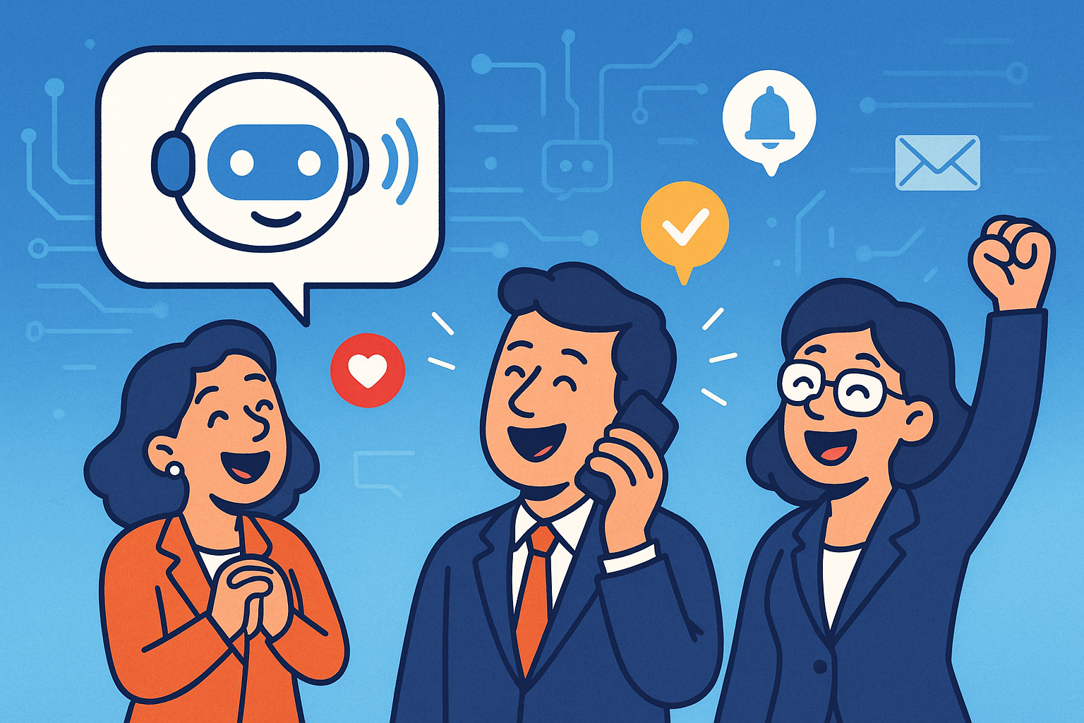 Illustration of ai robot speaking iconography in a blue digital gradient setting, with a happy mood.