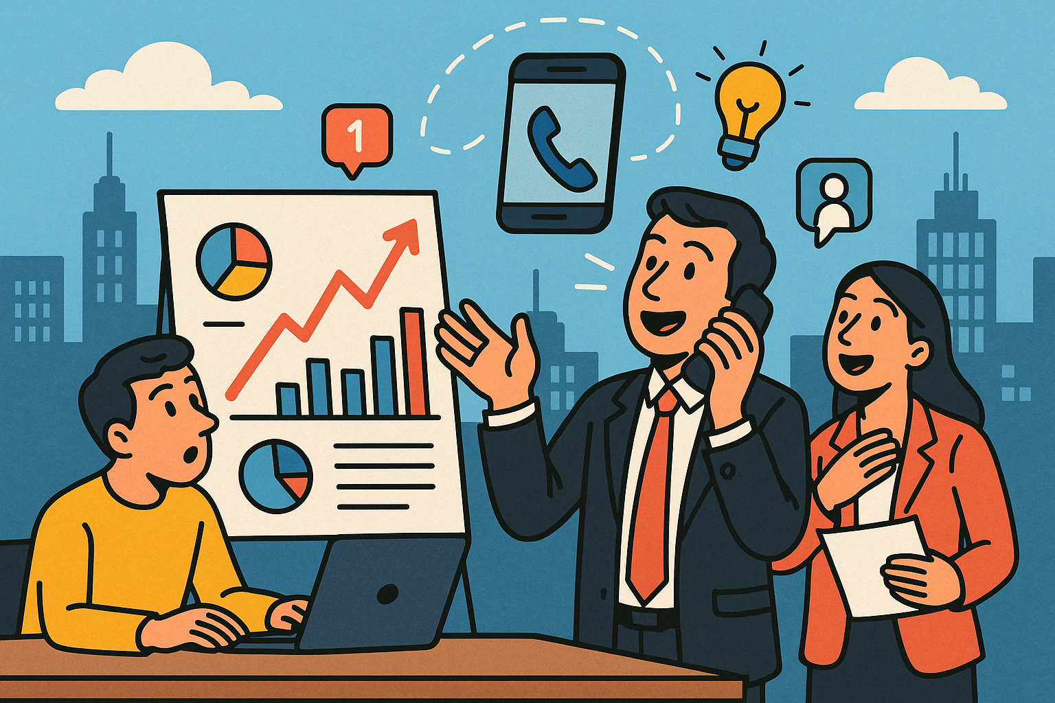 Illustration of marketing team reviewing campaign data in a connected city skyline setting, with a inspired mood.