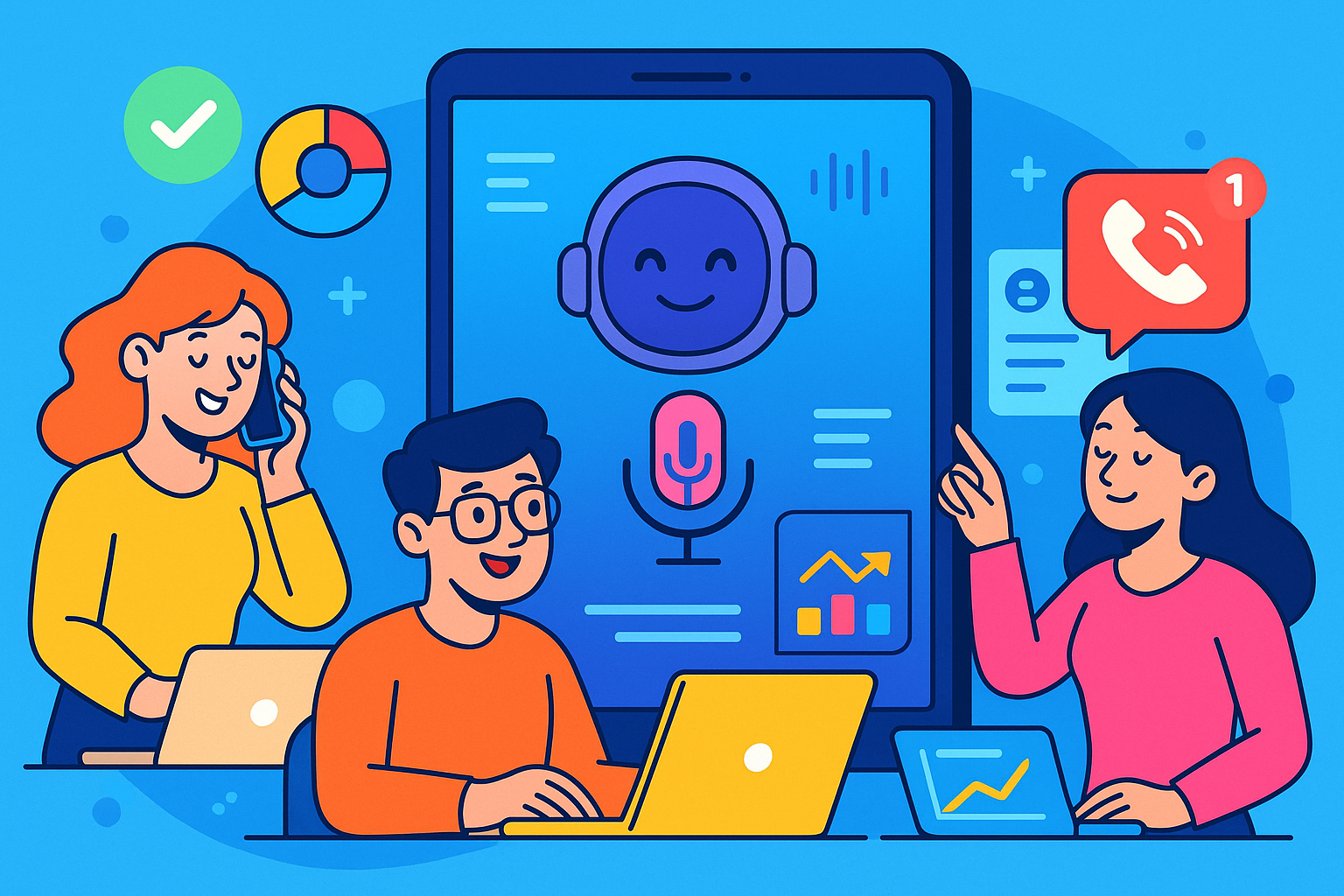 Illustration of ai voice assistant concept in a data dashboard interface setting, with a relaxed mood.