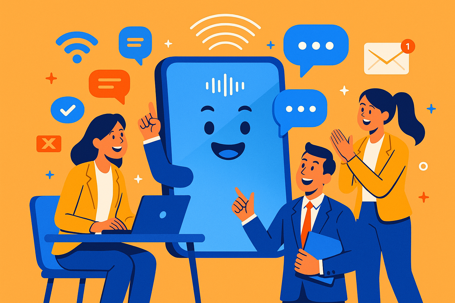 Illustration of ai voice assistant concept in a minimalist business setting setting, with a inspired mood.