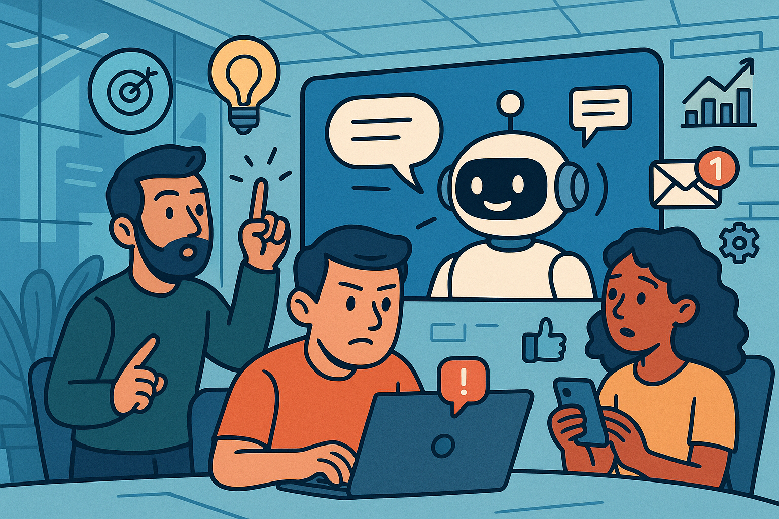 Illustration of ai robot speaking iconography in a high-tech workspace setting, with a focused mood.