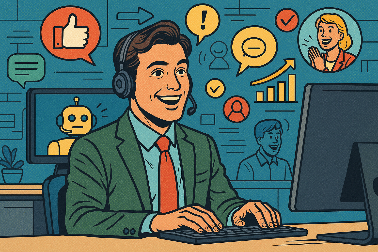Illustration of customer support representative in a high-tech workspace setting, with a happy mood.