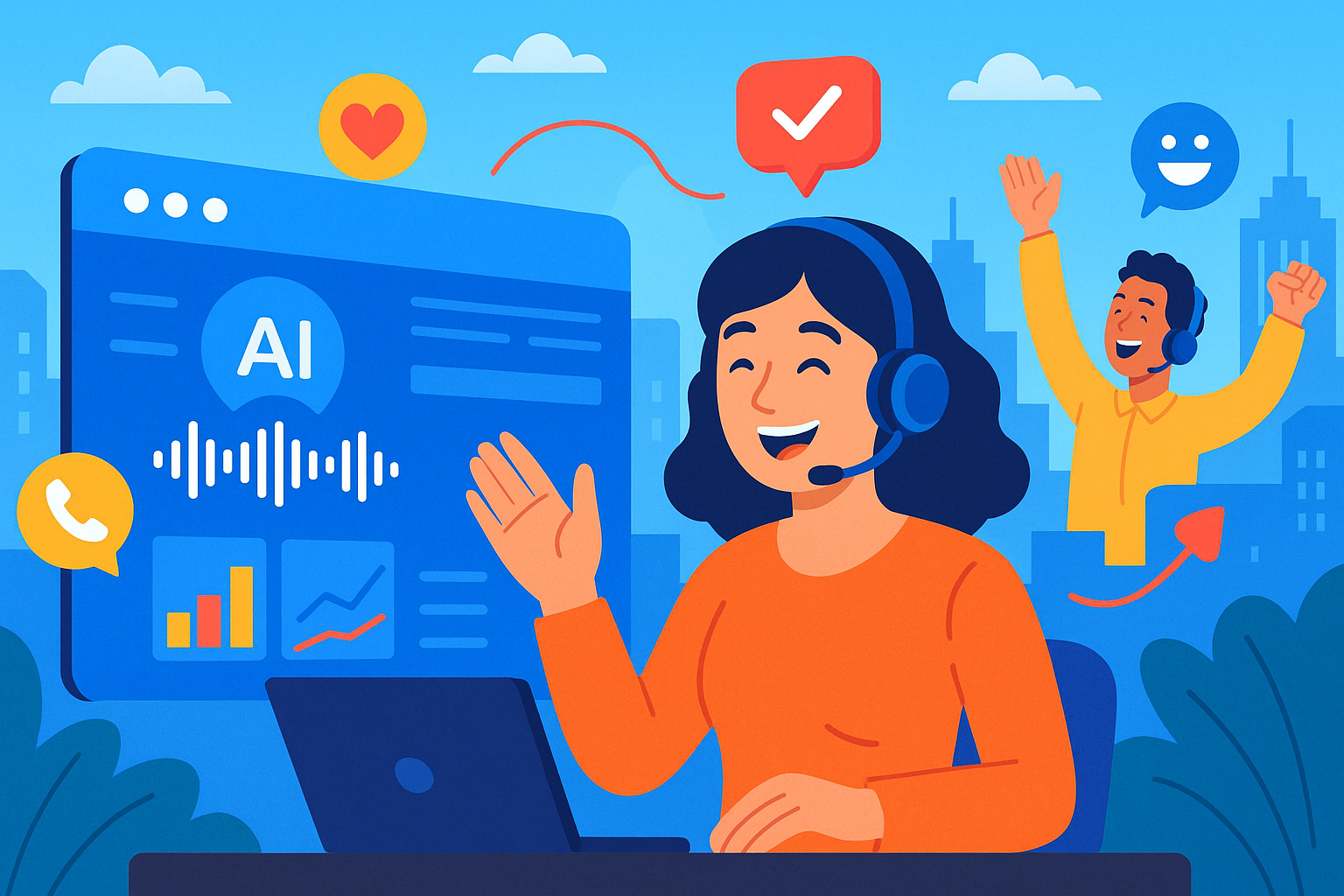 Illustration of digital interface with analytics in a connected city skyline setting, with a happy mood.