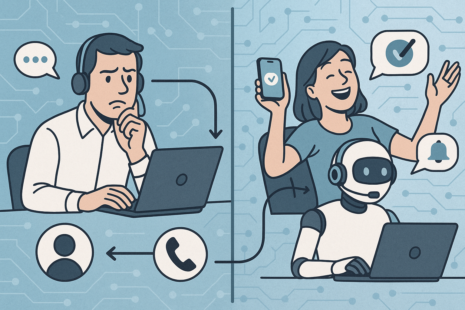 Illustration of call flow diagram in a abstract ai network pattern setting, with a relaxed mood.