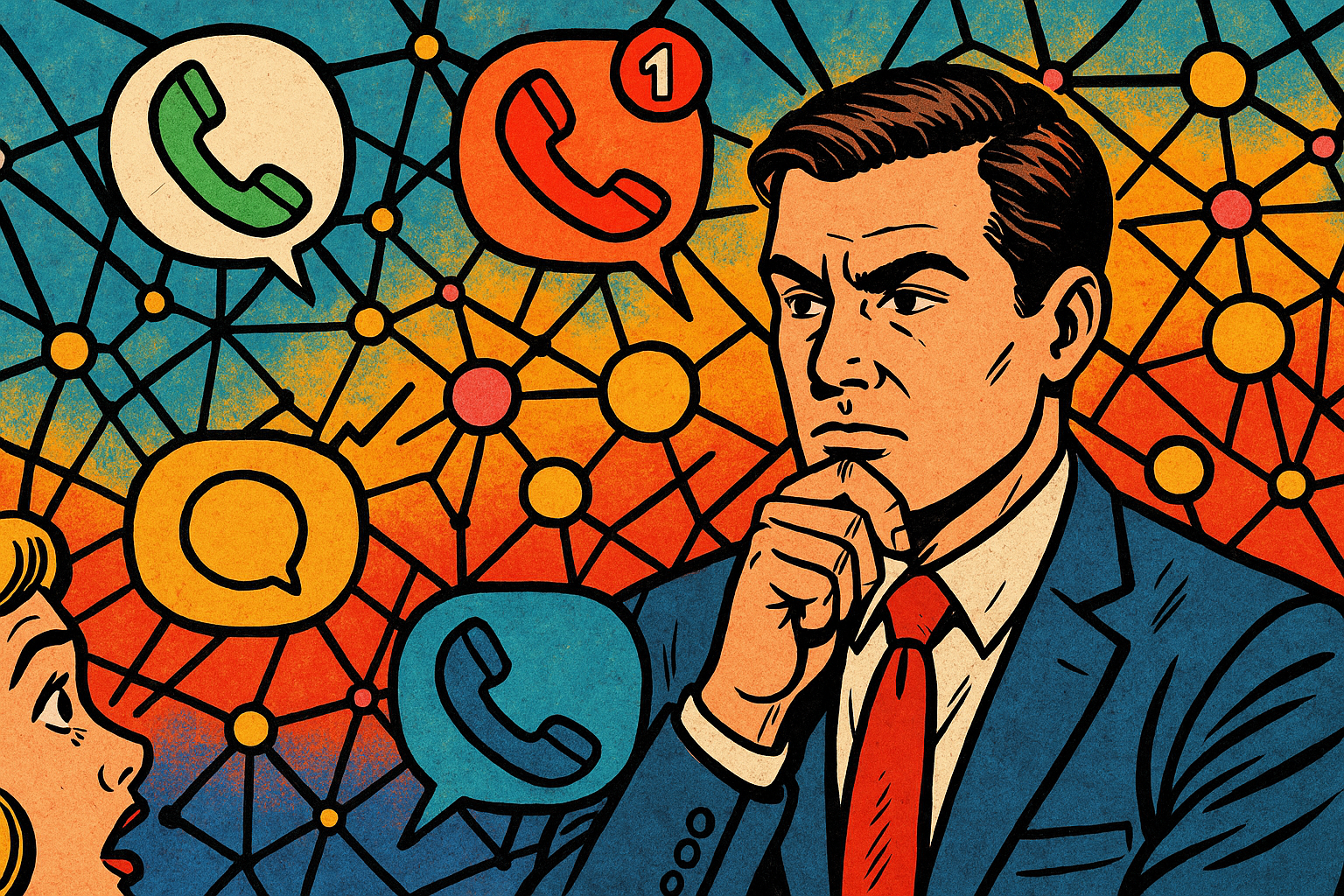 Illustration of phone icons connected by network lines in a abstract ai network pattern setting, with a focused mood.