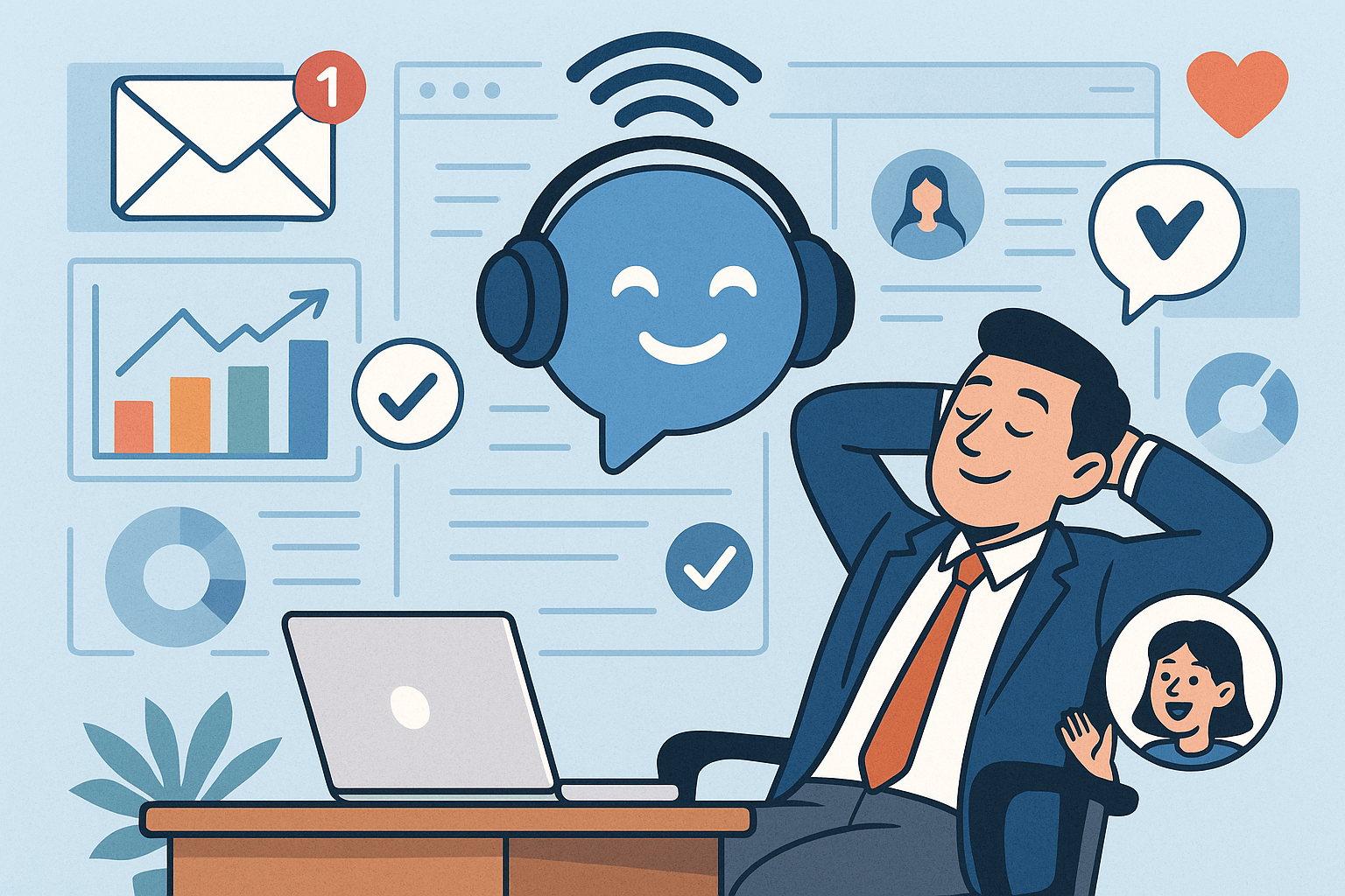 Illustration of ai voice assistant concept in a data dashboard interface setting, with a relaxed mood.