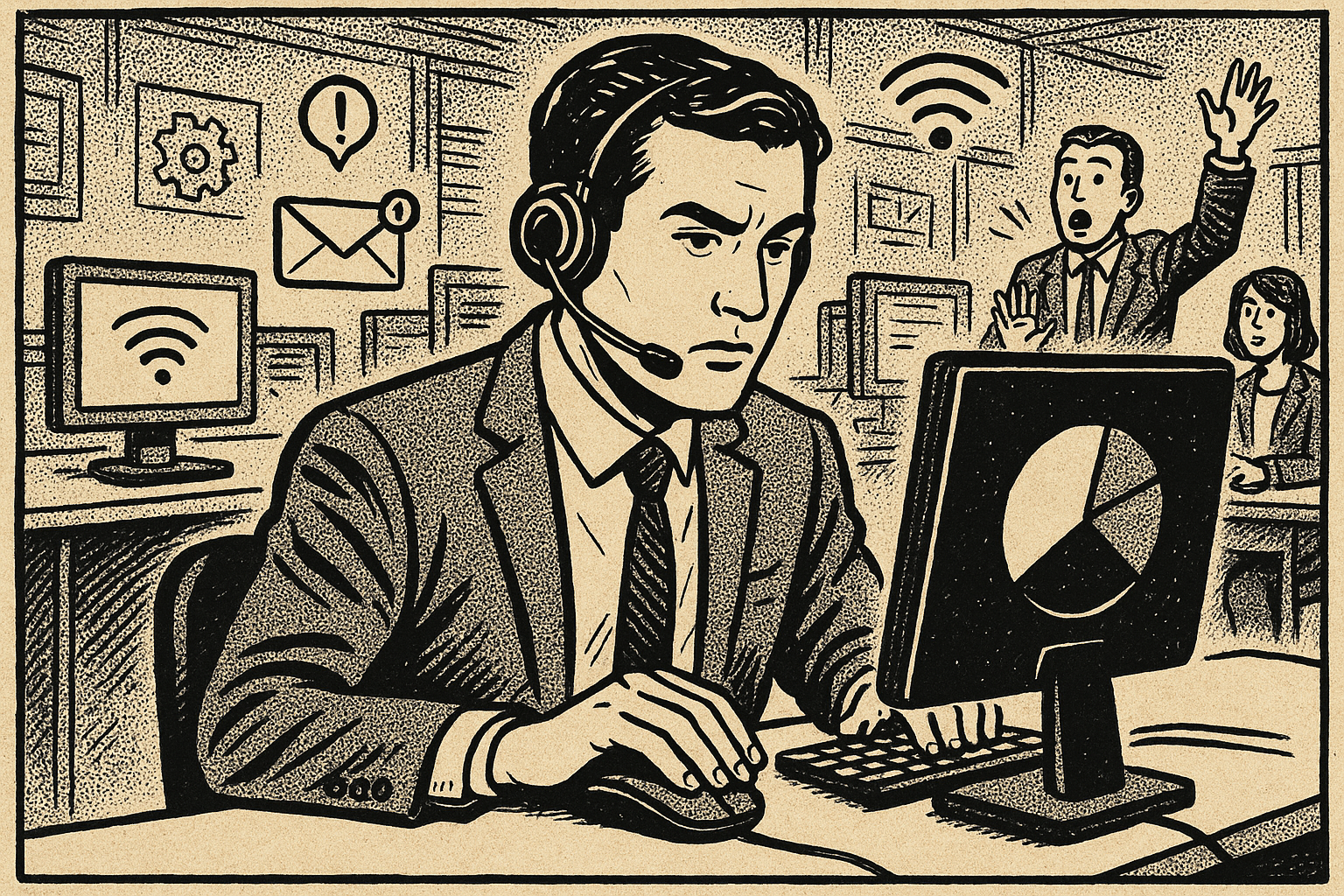 Illustration of business professional on headset in a high-tech workspace setting, with a focused mood.