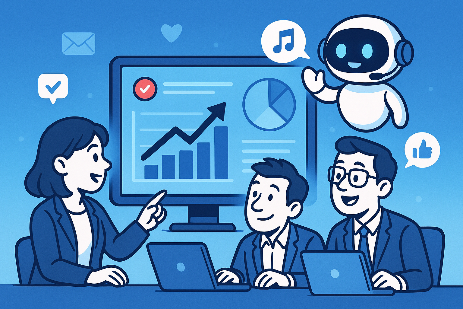 Illustration of marketing team reviewing campaign data in a blue digital gradient setting, with a relaxed mood.