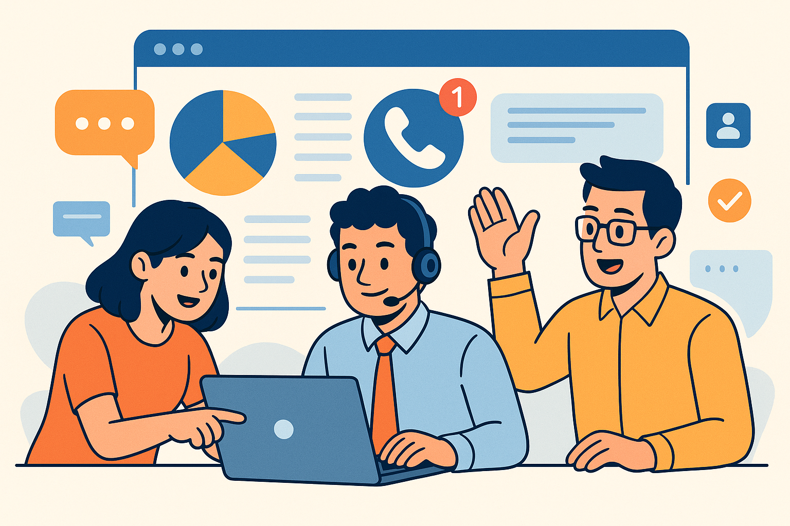 Illustration of team collaborating on laptop in a data dashboard interface setting, with a determined mood.