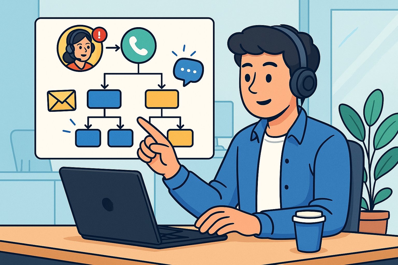 Illustration of call flow diagram in a modern office workspace setting, with a focused mood.