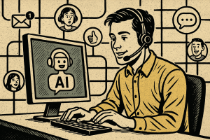 Illustration of customer support representative in a digital communication grid setting, with a focused mood.