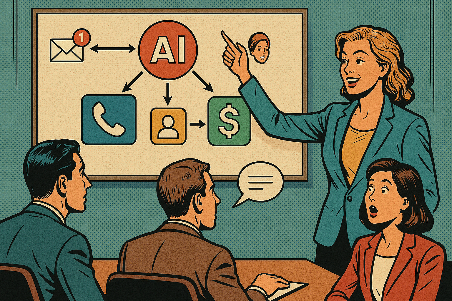 Illustration of call flow diagram in a corporate meeting environment setting, with a creative mood.