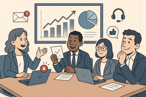 Illustration of marketing team reviewing campaign data in a corporate meeting environment setting, with a relaxed mood.