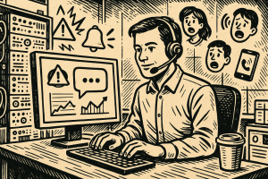 Illustration of customer support representative in a high-tech workspace setting, with a creative mood.