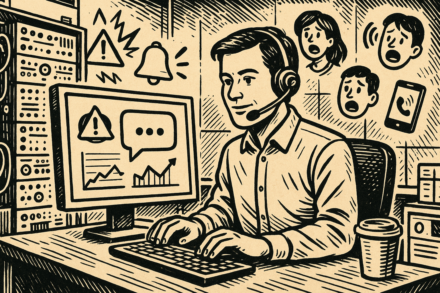 Illustration of customer support representative in a high-tech workspace setting, with a creative mood.
