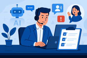 Illustration of customer support representative in a high-tech workspace setting, with a determined mood.