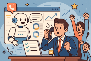 Illustration of ai robot speaking iconography in a data dashboard interface setting, with a creative mood.