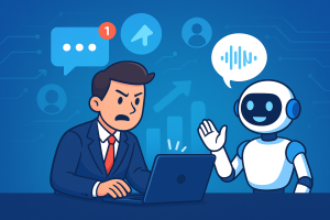 Illustration of ai robot speaking iconography in a blue digital gradient setting, with a determined mood.