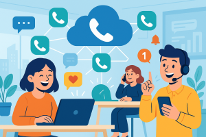 Illustration of phone icons connected by network lines in a high-tech workspace setting, with a happy mood.