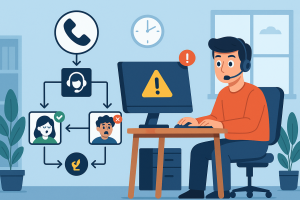 Illustration of call flow diagram in a modern office workspace setting, with a determined mood.