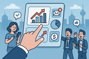 Illustration of hand interacting with virtual screen in a connected city skyline setting, with a relaxed mood.