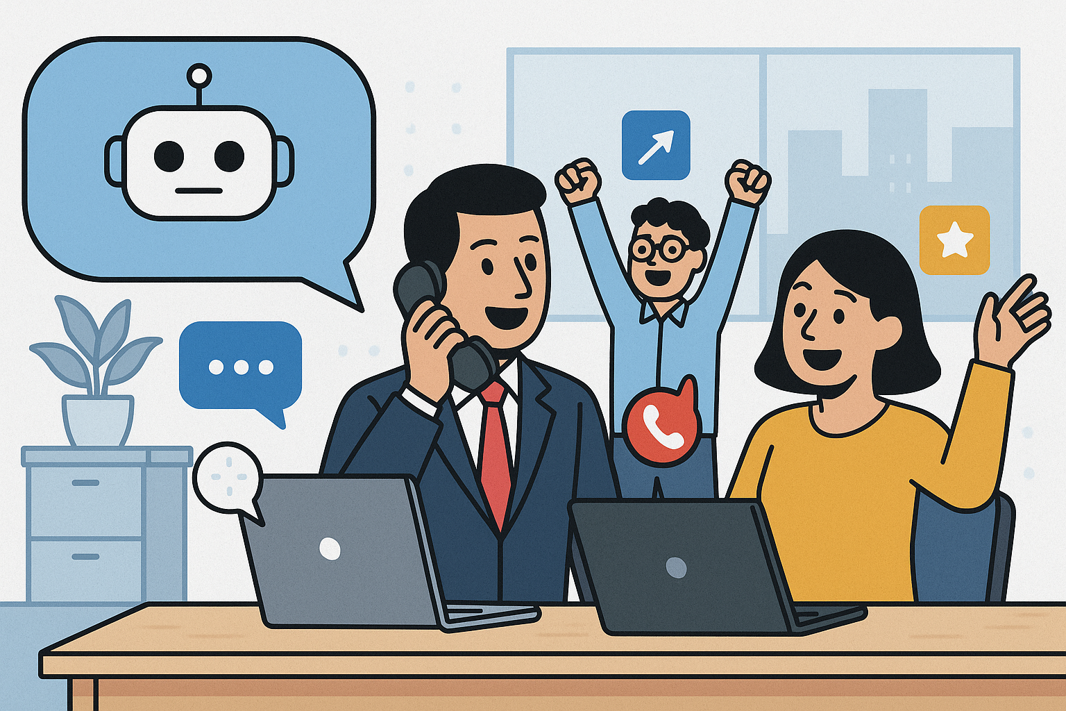 Illustration of ai robot speaking iconography in a modern office workspace setting, with a inspired mood.