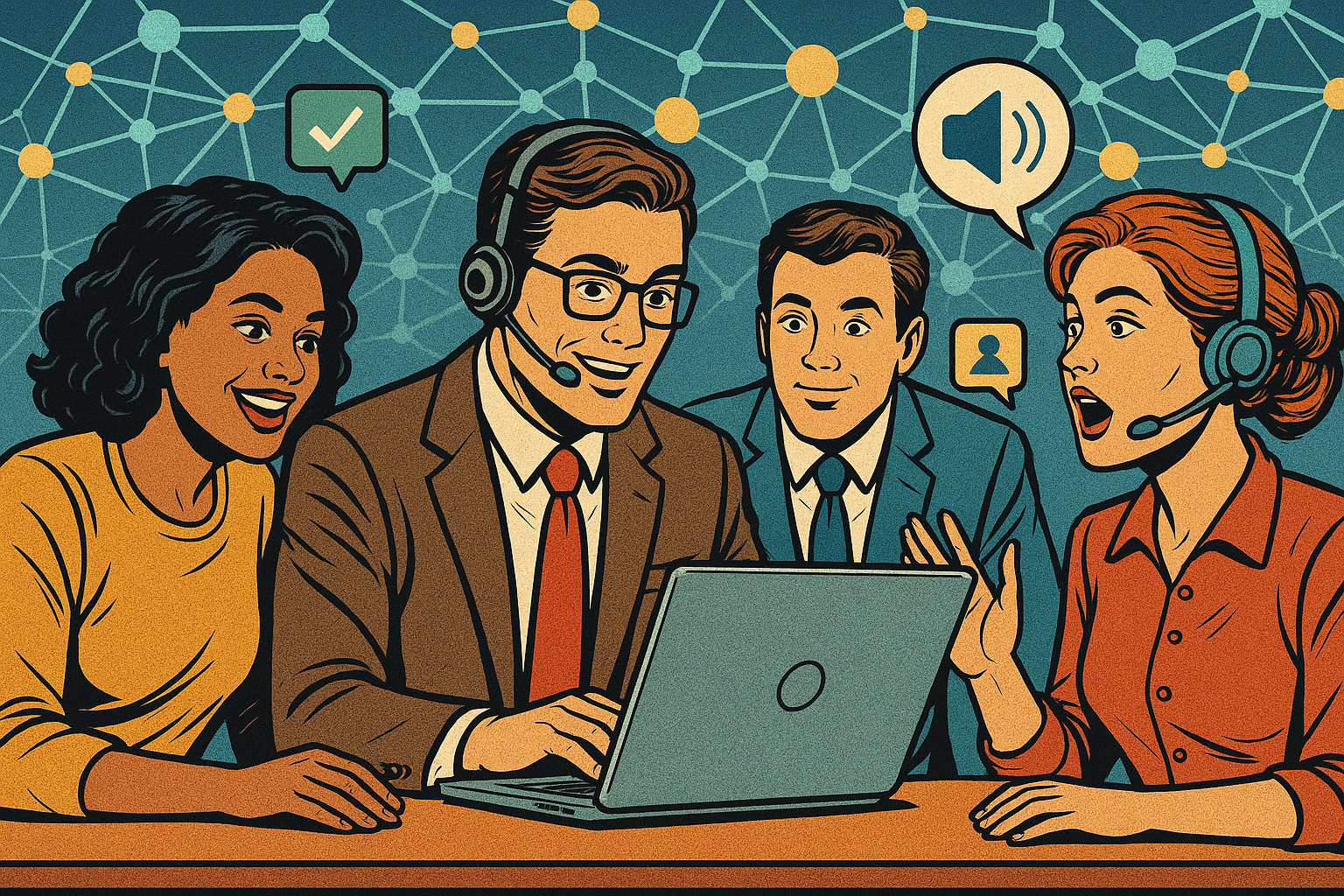 Illustration of team collaborating on laptop in a abstract ai network pattern setting, with a creative mood.