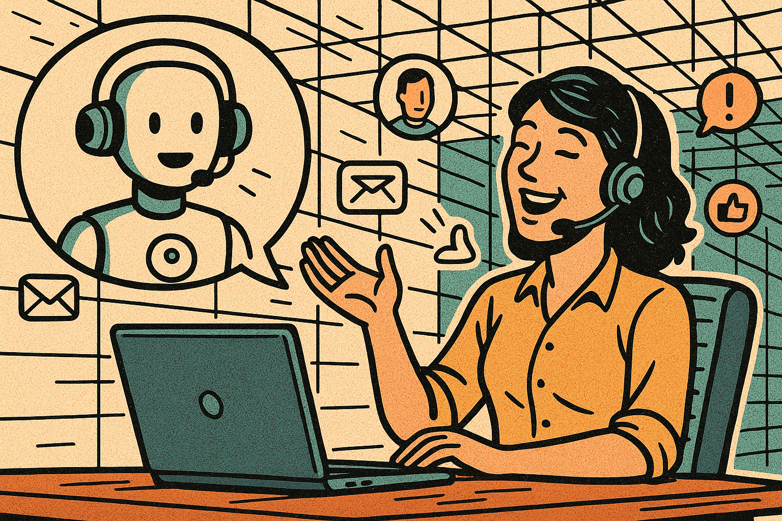 Illustration of ai voice assistant concept in a digital communication grid setting, with a relaxed mood.