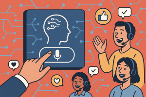 Illustration of hand interacting with virtual screen in a abstract ai network pattern setting, with a happy mood.