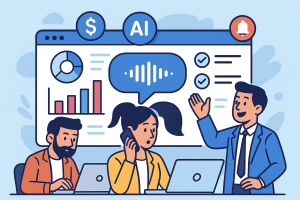 Illustration of ai voice assistant concept in a data dashboard interface setting, with a focused mood.
