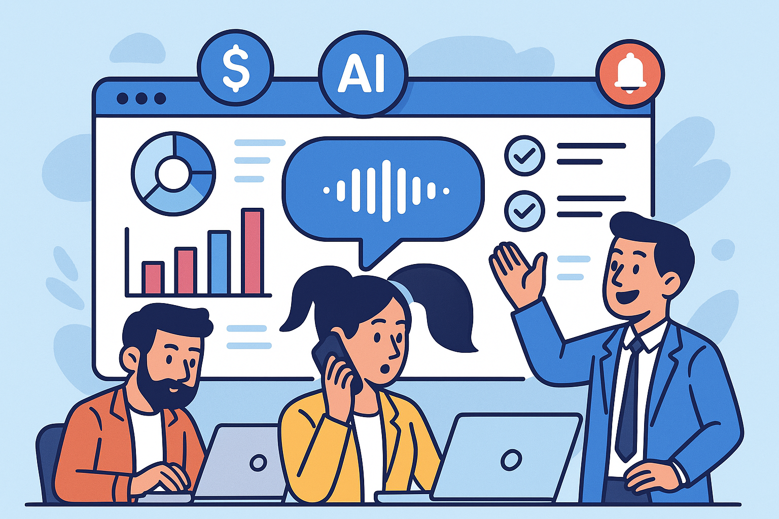 Illustration of ai voice assistant concept in a data dashboard interface setting, with a focused mood.
