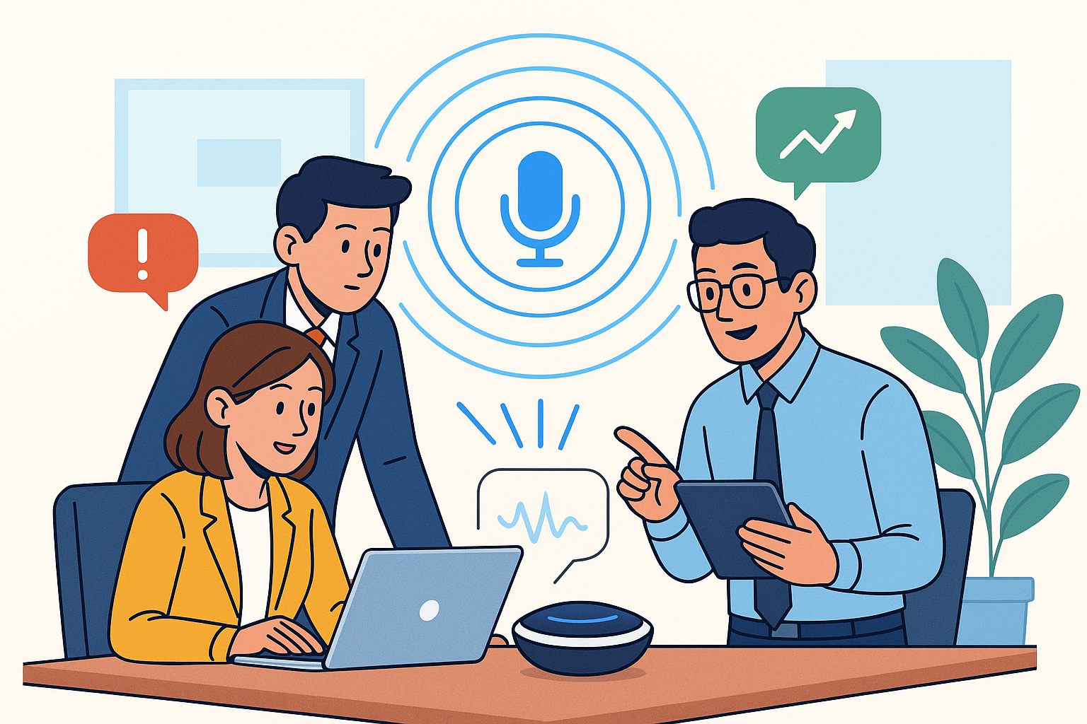 Illustration of team collaborating on laptop in a corporate meeting environment setting, with a focused mood.