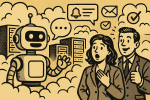 Illustration of ai robot speaking iconography in a cloud-based server room setting, with a creative mood.