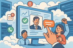 Illustration of hand interacting with virtual screen in a cloud-based server room setting, with a relaxed mood.
