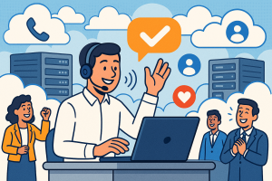 Illustration of customer support representative in a cloud-based server room setting, with a happy mood.