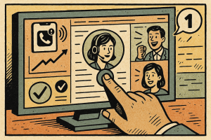 Illustration of hand interacting with virtual screen in a data dashboard interface setting, with a focused mood.