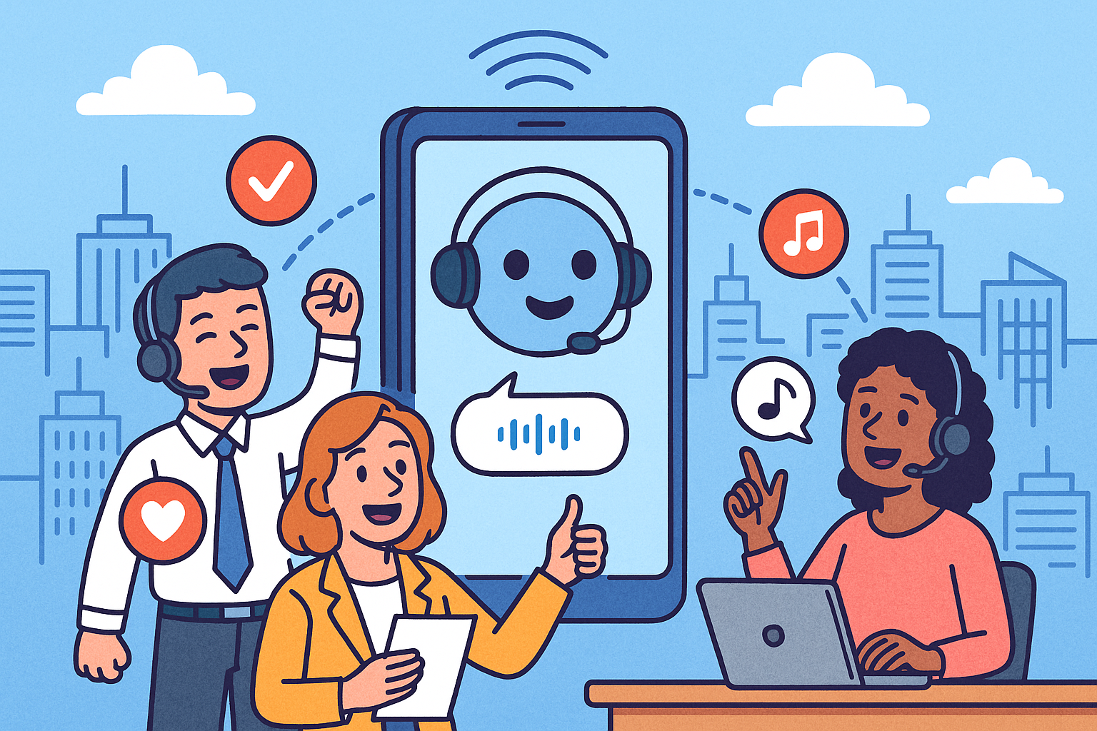 Illustration of ai voice assistant concept in a connected city skyline setting, with a happy mood.