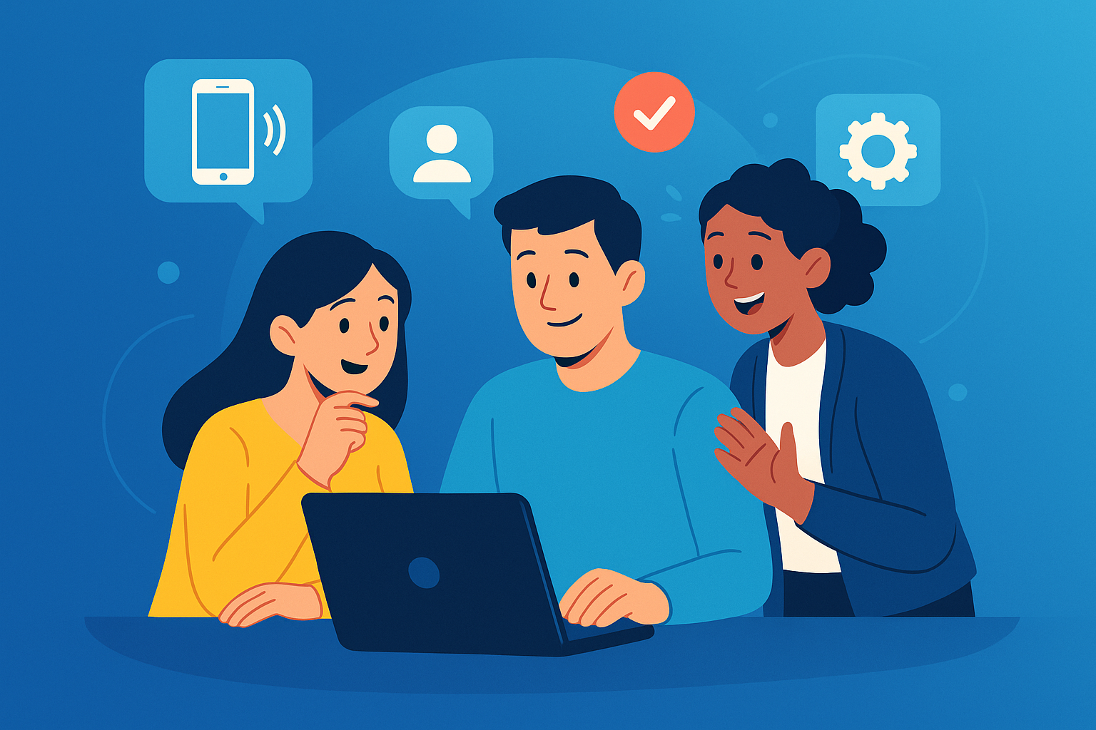 Illustration of team collaborating on laptop in a blue digital gradient setting, with a creative mood.