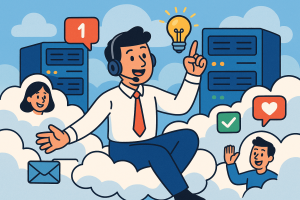Illustration of customer support representative in a cloud-based server room setting, with a creative mood.