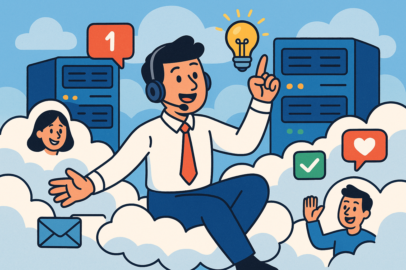 Illustration of customer support representative in a cloud-based server room setting, with a creative mood.