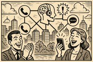 Illustration of phone icons connected by network lines in a connected city skyline setting, with a happy mood.
