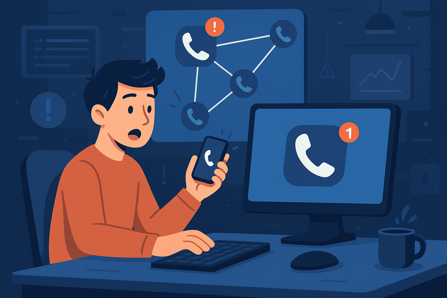 Illustration of phone icons connected by network lines in a high-tech workspace setting, with a determined mood.